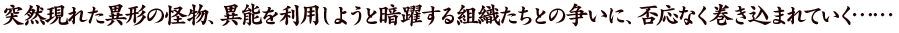 突然現れた異形の怪物、異能を利用しようと暗躍する組織たちとの争いに、否応なく巻き込まれていく……