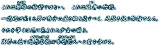 これは英雄（ヒカリ）の物語ではない。 これは敗者（ヤミ）の物語。 一度逃げ出した男が自分の星を取り戻すべく、足掻き抗う物語である。 それを導くは死に包まれた少女の囁き。 冥界の底で死想恋歌（エウルディケ）は吟遊詩人（オルフェウス）へと愛を告げる。